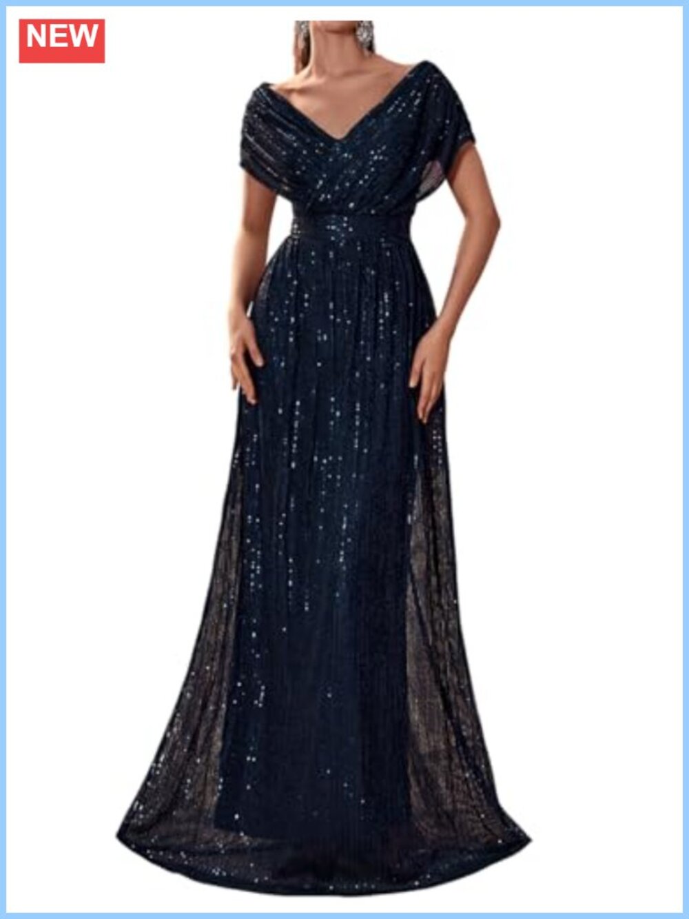 Sequin V-Neck Short Sleeve A-Line Formal Evening Dress Party Gown